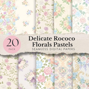 May include: A collection of 20 seamless digital papers with delicate Rococo floral pastel designs. The papers feature various patterns of roses and other flowers in soft colors like pink, blue, and yellow, with a vintage aesthetic.