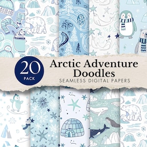 christmas doodles seamless pattern winter arctic holiday digital paper cute polar bear scrapbook design snow igloo sublimation art penguin