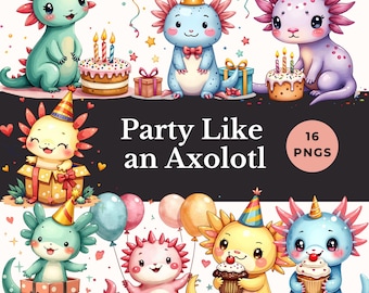axolotl birthday clipart cute pastel party animal PNG kids celebration art funny creature sublimation watercolor image balloon cake digital
