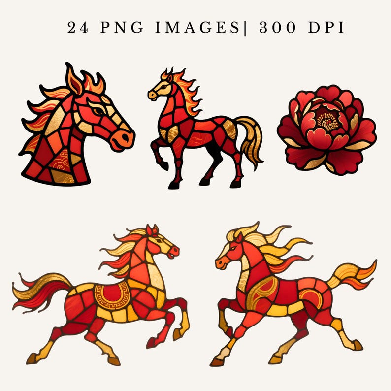 Chinese New Year Horse Clipart Stained Glass Lunar Zodiac 2026 PNG ...