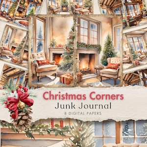 junk journal christmas corners cozy holiday digital papers festive winter windows ephemera reading nook fireplace scrapbook shees log cabin