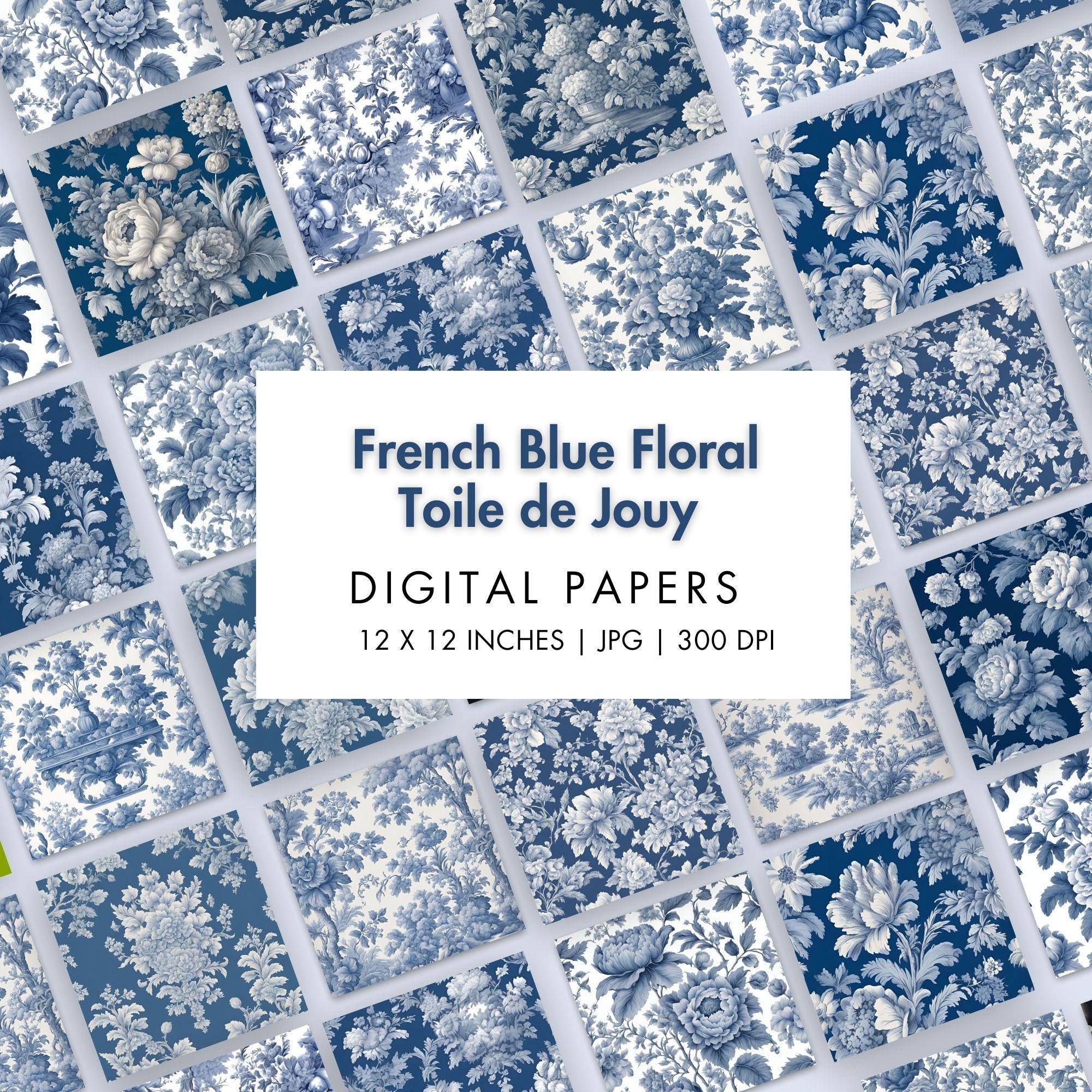 French Blue Floral Toile De Jouy Digital Paper Blue Toile Junk Journal ...