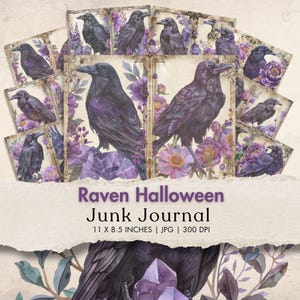 raven junk journal kit Vintage Crow digital paper gothic halloween ephemera printable dark purple birds scrapbook background vintage flower