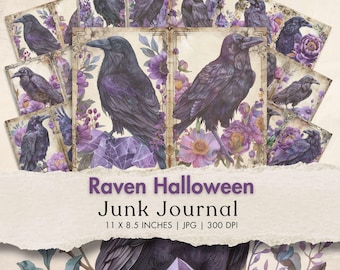 raven junk journal kit Vintage Crow digital paper gothic halloween ephemera printable dark purple birds scrapbook background vintage flower