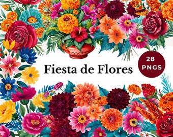mexican fiesta flowers clipart spanish floral PNG cinco de mayo party decor design colorful watercolor botanical folk art sublimation mexico