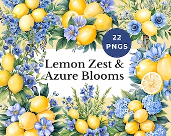 lemon and blue flower clipart watercolor floral PNG Italian wedding graphics citrus fruit design Mediterranean summer wedding sublimation