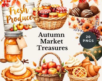 Mercado de otoño, imágenes prediseñadas de pasteles de otoño, acuarela, postres otoñales, arte de sublimación, diseño rústico de cosecha de Acción de Gracias, panadería acogedora, álbum de recortes