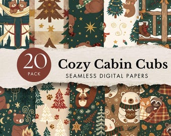 May include: A collection of 20 seamless digital papers with a cozy cabin theme. The designs feature bears, trees, stars, and other woodland elements in shades of brown, green, and cream. The text "Cozy Cabin Cubs" is displayed prominently.