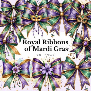 Mardi gras coquette bow clipart paillettes ruban PNG aquarelle rétro rubans dessins illustration nouvelle orléans noeud or vert autocollant numérique