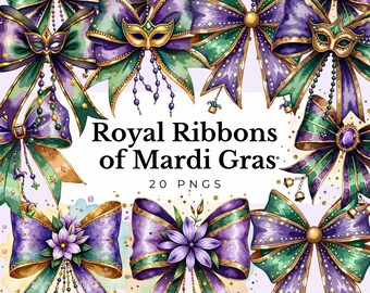 mardi gras coquette bow clipart glitter ribbon PNG watercolor retro ribbons designs new orleans illustration green gold bow digital sticker