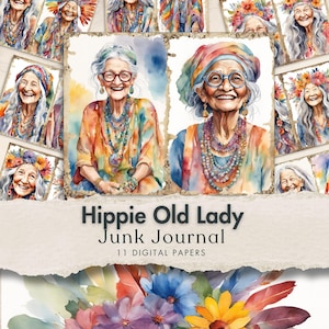 Hippie alte Dame Junk Journal lustige alte Frau digitale Papier Seiten Boho Stil Ephemera lustige alte Frau Scrapbook Scrapbook Blätter