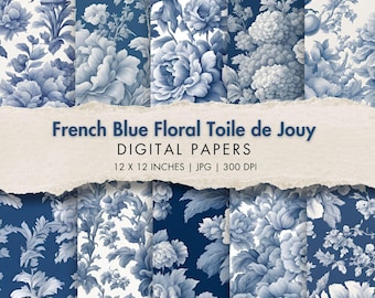 french blue floral toile de jouy digital paper blue toile junk journal kit Chinoiserie pattern background vintage flower printable scrapbook