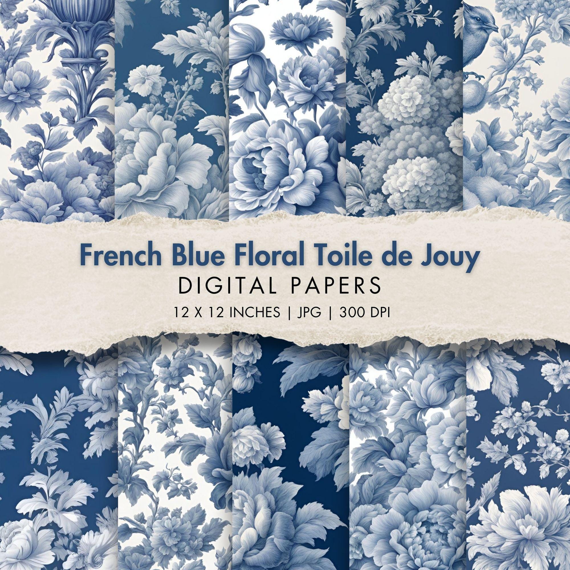 French Blue Floral Toile De Jouy Digital Paper Blue Toile Junk Journal ...