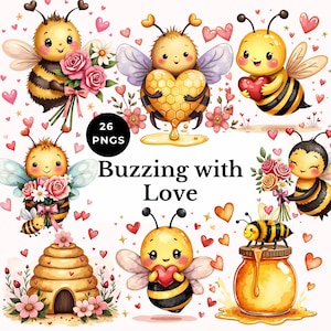 valentine bee clipart cute bee mine PNG fun watercolor illustration baby bee whimsical love heart images  kids digital stickers DIY crafts