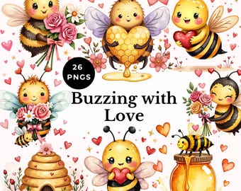 valentine bee clipart cute bee mine PNG fun watercolor illustration baby bee whimsical love heart images  kids digital stickers DIY crafts