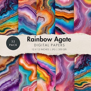 May include: A set of 32 digital papers featuring rainbow agate designs. Each paper is 12 inches by 12 inches and has a 300 DPI resolution.