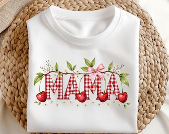 cherry bow coquette mama png pink cherries clipart cute checkered design soft girl aesthetic sublimation mother's day gift for mom girly art