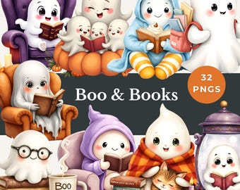 Bookish Ghost Clipart Gruseliger Buchliebhaber PNG niedliches Lesedesign spukte Bibliothek Aquarell Sublimationskunst wunderlich Horror Party Dekor gemütlich