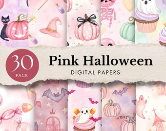 pink halloween digital paper pack pastel haunted background spooky ghost scrapbook cute pumpkin patterns skeleton sublimation junk journal