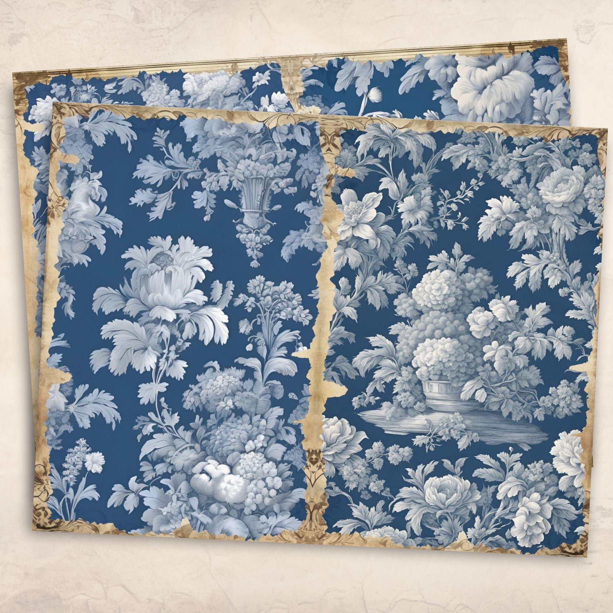 French Blue Floral Toile De Jouy Digital Paper Blue Toile Junk Journal ...
