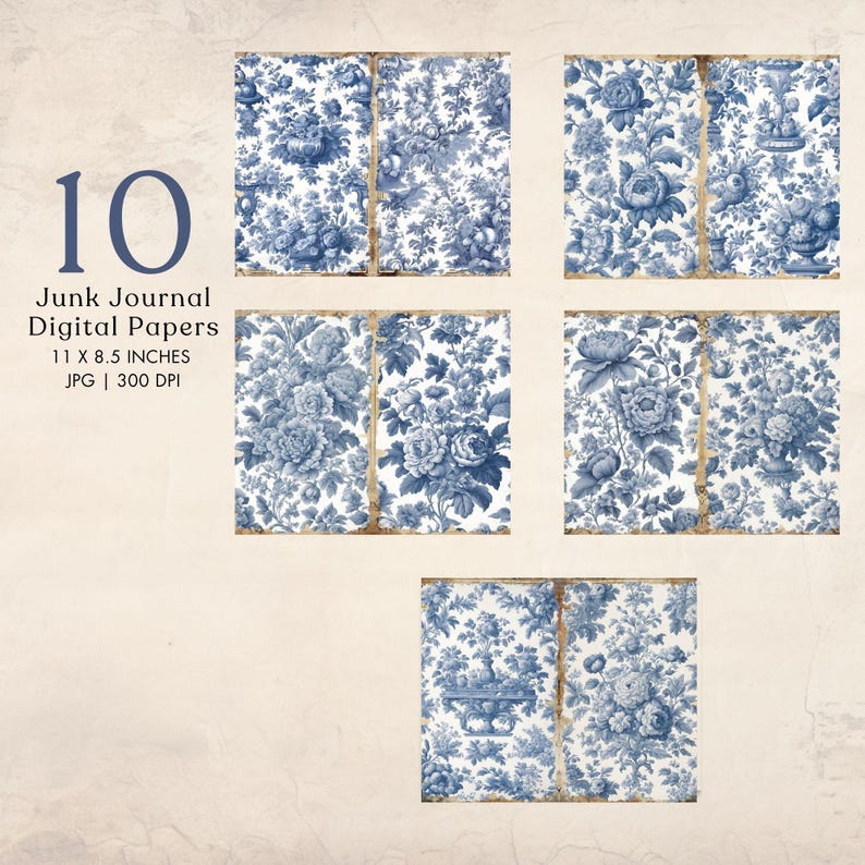 French Blue Floral Toile De Jouy Digital Paper Blue Toile Junk Journal ...