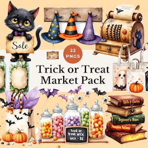 halloween store clipart spooky candy shop design trick or treat graphic whimsical witch shopping PNG creepy cute craft illustrations haunted