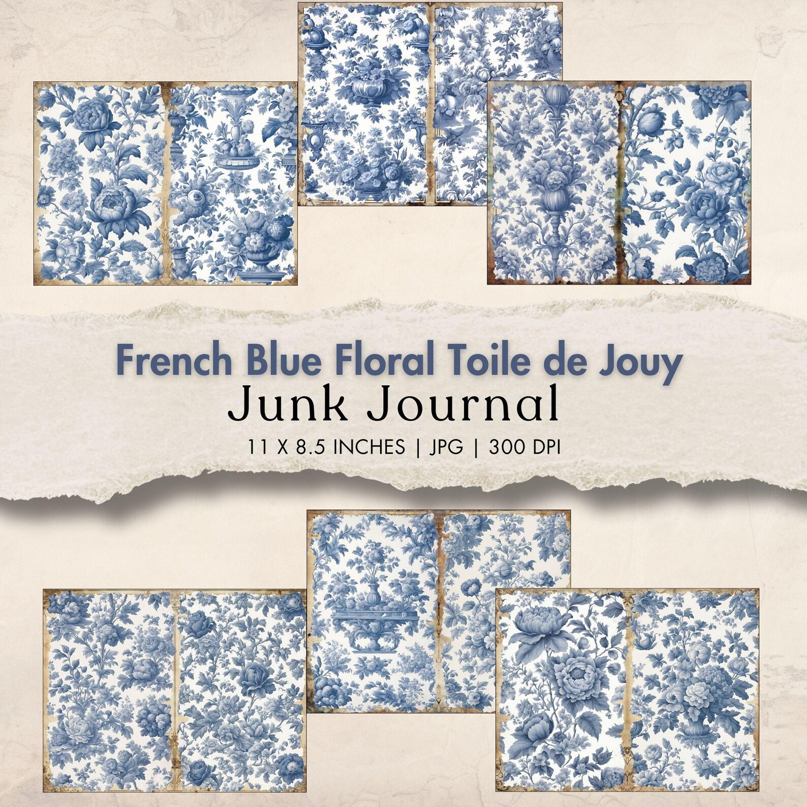 French Blue Floral Toile De Jouy Digital Paper Blue Toile Junk Journal ...