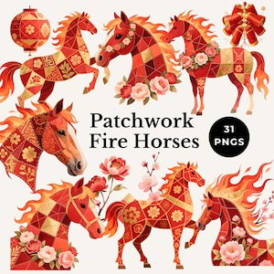May include: A digital illustration featuring several red and gold patchwork horses with fiery manes and floral accents. The image includes a Chinese lantern and the text "Patchwork Fire Horses" and "31 PNGs".
