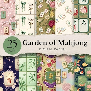 May include: A collection of 25 digital papers with a "Garden of Mahjong" theme. The papers feature various patterns, including floral designs, bamboo, and Mahjong tiles. The color palette includes pink, green, and cream.