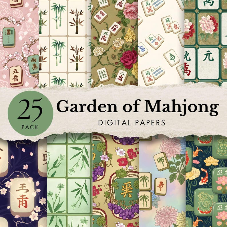 mahjong digital paper floral asian background oriental tiles PNG scrapbook paper watercolor chinese game patterns craft elegant sublimation
