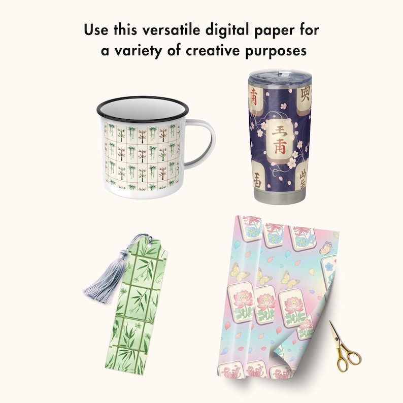 mahjong digital paper floral asian background oriental tiles PNG scrapbook paper watercolor chinese game patterns craft elegant sublimation