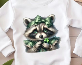 Mapache día de San Patricio png retro divertido diseño de mapache irlandés coqueta lazo clipart suerte animal del bosque ilustración acuarela sublimación