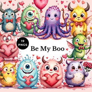 valentijnsmonsters clipart bundel schattige monsters png aquarel valentijnsdag afbeeldingen liefdesmonsters afdrukbare items sprookjesontwerpen plakboek