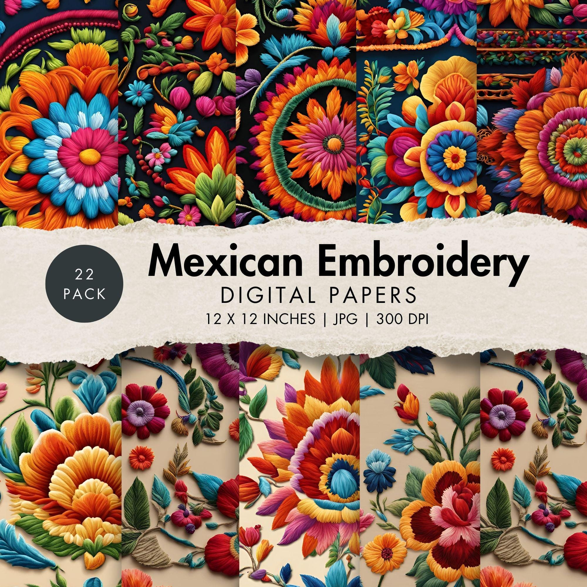 Mexican Embroidery Digital Paper Flowers Pattern Folk Art Background ...