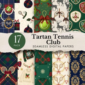 May include: A collection of 17 seamless digital papers with a tartan tennis club theme. The designs feature tennis balls, rackets, and holiday elements like deer and sweaters, in a palette of green, red, and navy blue.