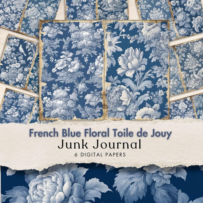 French Blue Floral Toile De Jouy Digital Paper Blue Toile Junk Journal ...