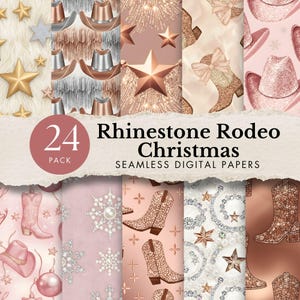 Può includere: Una collezione di 24 carte digitali senza cuciture con un tema natalizio rodeo con strass. Le carte presentano cappelli da cowboy, stivali, stelle e fiocchi di neve nei toni del rosa, oro rosa e argento.