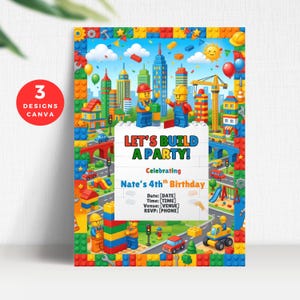 Może przedstawiać: Zaproszenie urodzinowe z motywem kolorowych klocków, panoramą miasta, pojazdami budowlanymi i dwiema figurkami budowniczych. Tekst głosi: LET'S BUILD A PARTY! Celebrating Nate's 4th Birthday wraz z miejscami na wpisanie danych.