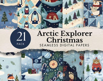 May include: A collection of 21 Arctic Explorer Christmas seamless digital papers. The designs feature winter scenes with igloos, lanterns, penguins, foxes, bears, and compasses. The color palette includes blues, greens, and creams, with snowflakes and Christmas trees.