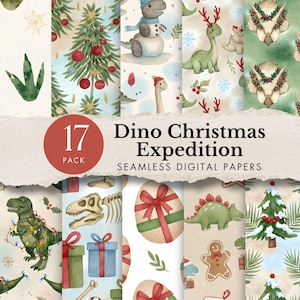 May include: A collection of 17 seamless digital papers with a Dino Christmas Expedition theme. The papers feature watercolor illustrations of dinosaurs, Christmas trees, and holiday elements in various patterns and colors.