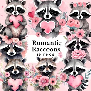 Valentines Raccoon Clipart cute raccoon PNG bundle graphics watercolor woodland animals clipart mothers day junk journal digital download
