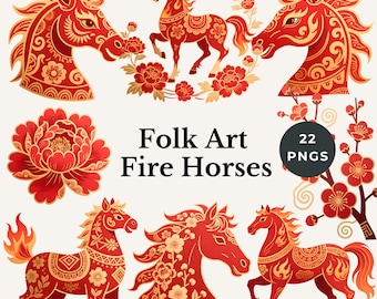 May include: A collection of red and gold folk art illustrations featuring horses, flowers, and decorative patterns. The text "Folk Art Fire Horses" is displayed, along with a "22 PNGs" graphic. The images have a traditional Asian art style.