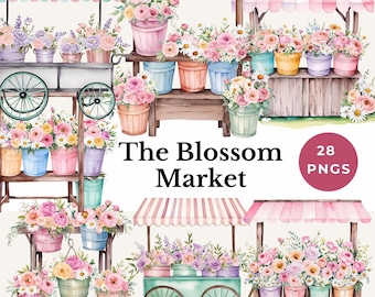 flower market stand clipart farmer shop PNG watercolor floral stall designs pastel petals bouquet scrapbook sublimation art nursery garden