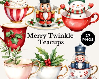 christmas tea cups clipart vintage holiday mug PNG watercolor tea party decor winter hot chocolate sublimation cozy sticker whimsical drinks