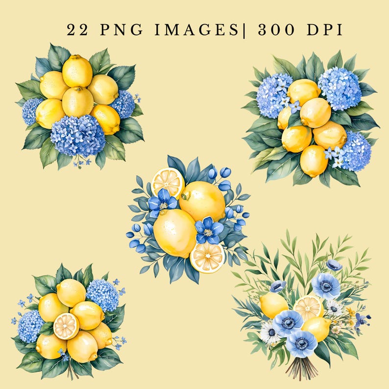 Lemon and Blue Flower Clipart Watercolor Floral PNG Italian Wedding ...