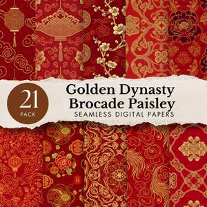 Könnte beinhalten: Eine Sammlung von 21 nahtlosen digitalen Papieren in Rot- und Goldtönen. Die Designs zeigen asiatisch inspirierte Muster, darunter Laternen, Blumenmuster und Paisley. Der Text lautet "Golden Dynasty Brocade Paisley".