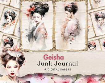 Kit de diario basura de geishas, papel digital japonés, fondo asiático, efímera, arte de mujeres japonesas, papel digital, álbum de recortes oriental, hoja de collage