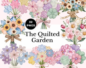 patchwork flower clipart floral bouquet watercolor PNG quilted spring flower graphics pastel shabby chic scrapbook images cottagecore boho