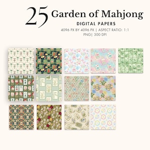 mahjong digital paper floral asian background oriental tiles PNG scrapbook paper watercolor chinese game patterns craft elegant sublimation