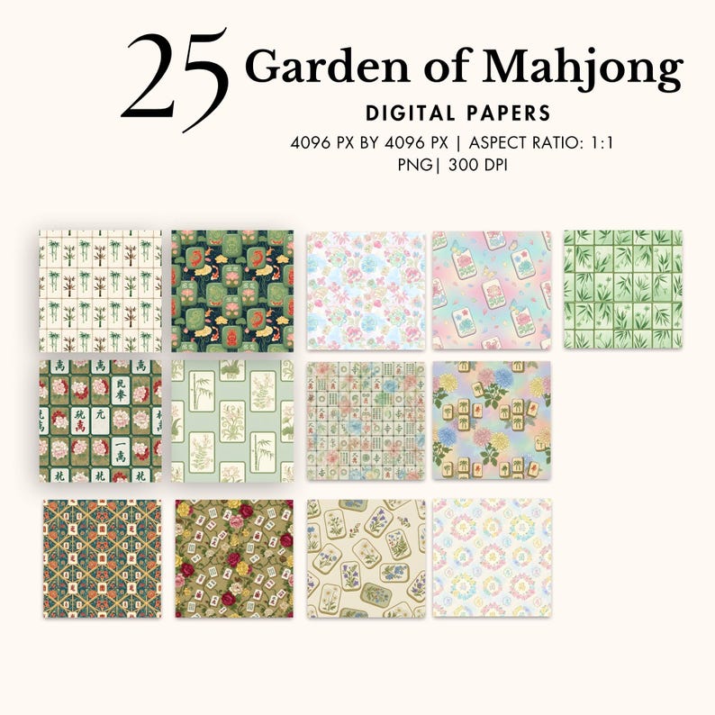 mahjong digital paper floral asian background oriental tiles PNG scrapbook paper watercolor chinese game patterns craft elegant sublimation